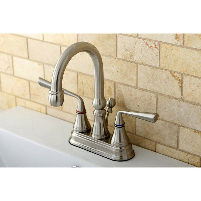 Kingston Tulare KS2618ZL - Silver Sage Double-Handle 3-Hole Deck Mount 4-Inch Centerset Bathroom Faucet with Brass Pop-Up, Brushed Nickel