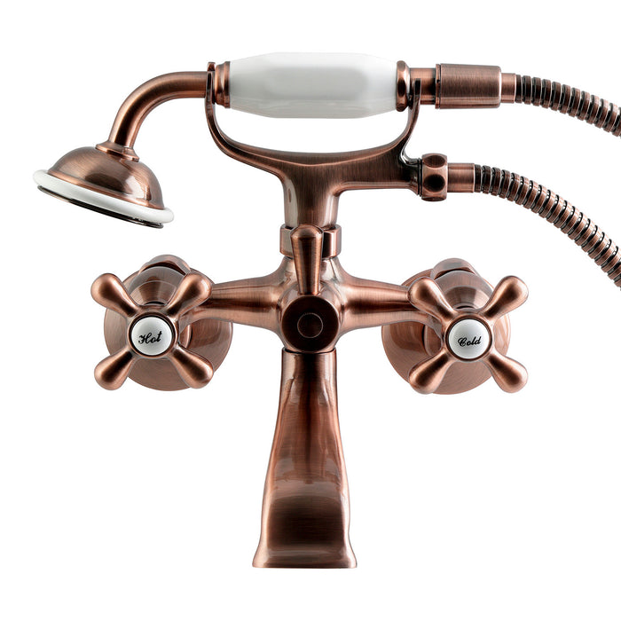 Kingston Heirloom KS265AC - Kingston Three-Handle 2-Hole Tub Wall Mount Clawfoot Tub Faucet with Hand Shower, Antique Copper