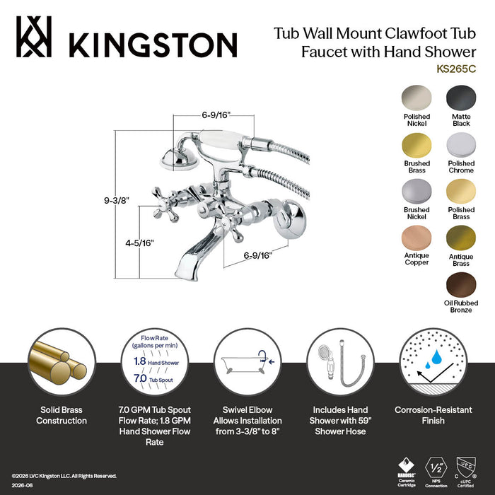 Kingston Heirloom KS265AC - Kingston Three-Handle 2-Hole Tub Wall Mount Clawfoot Tub Faucet with Hand Shower, Antique Copper