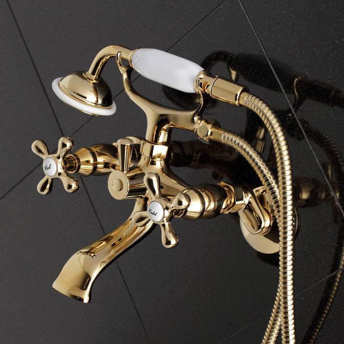 Kingston Heirloom KS265PB - Kingston Three-Handle 2-Hole Tub Wall Mount Clawfoot Tub Faucet with Hand Shower, Polished Brass