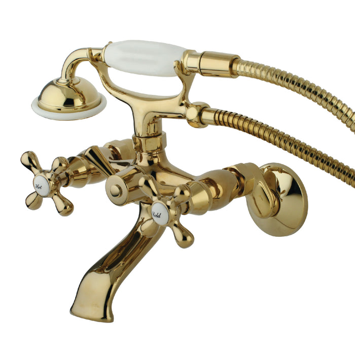 Kingston Heirloom KS265PB - Kingston Three-Handle 2-Hole Tub Wall Mount Clawfoot Tub Faucet with Hand Shower, Polished Brass