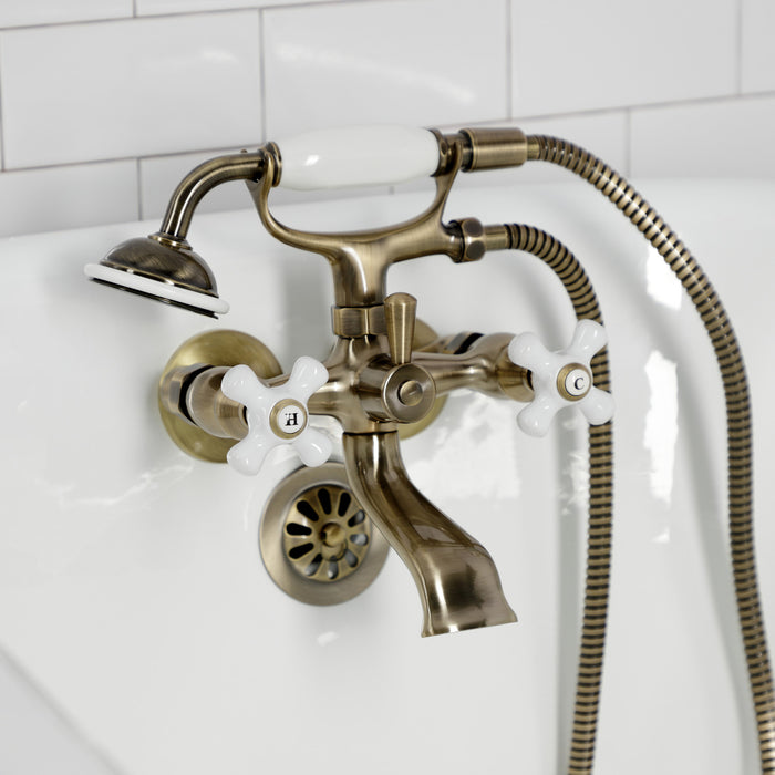 Kingston Heirloom KS265PXAB - Kingston Three-Handle 2-Hole Tub Wall Mount Clawfoot Tub Faucet with Hand Shower, Antique Brass