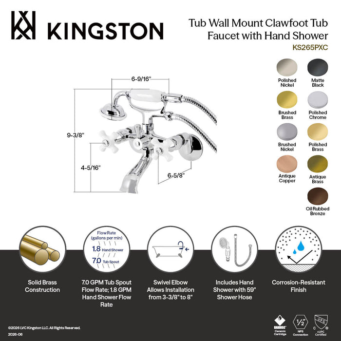 Kingston Heirloom KS265PXAC - Kingston Three-Handle 2-Hole Tub Wall Mount Clawfoot Tub Faucet with Hand Shower, Antique Copper