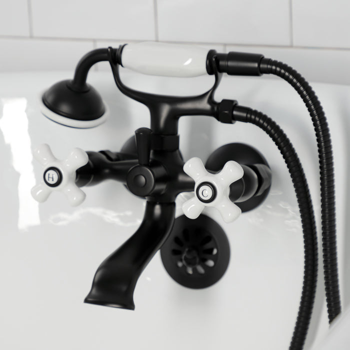 Kingston Heirloom KS265PXMB - Kingston Three-Handle 2-Hole Tub Wall Mount Clawfoot Tub Faucet with Hand Shower, Matte Black
