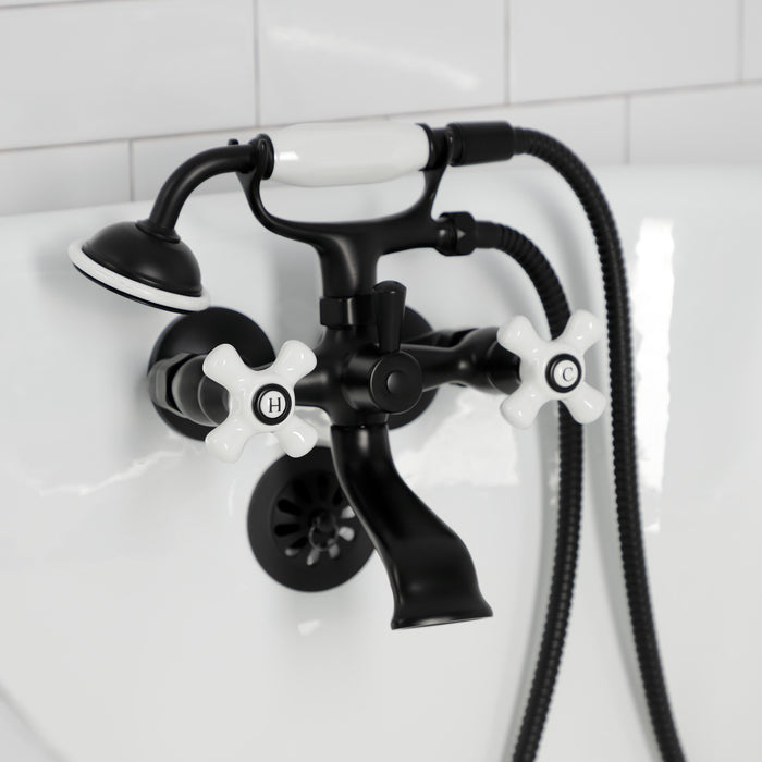 Kingston Heirloom KS265PXMB - Kingston Three-Handle 2-Hole Tub Wall Mount Clawfoot Tub Faucet with Hand Shower, Matte Black