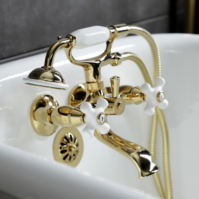 Kingston Heirloom KS265PXPB - Kingston Three-Handle 2-Hole Tub Wall Mount Clawfoot Tub Faucet with Hand Shower, Polished Brass