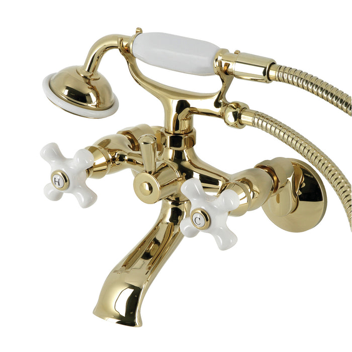 Kingston Heirloom KS265PXPB - Kingston Three-Handle 2-Hole Tub Wall Mount Clawfoot Tub Faucet with Hand Shower, Polished Brass