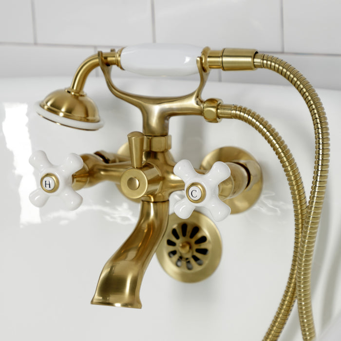 Kingston Heirloom KS265PXSB - Kingston Three-Handle 2-Hole Tub Wall Mount Clawfoot Tub Faucet with Hand Shower, Brushed Brass