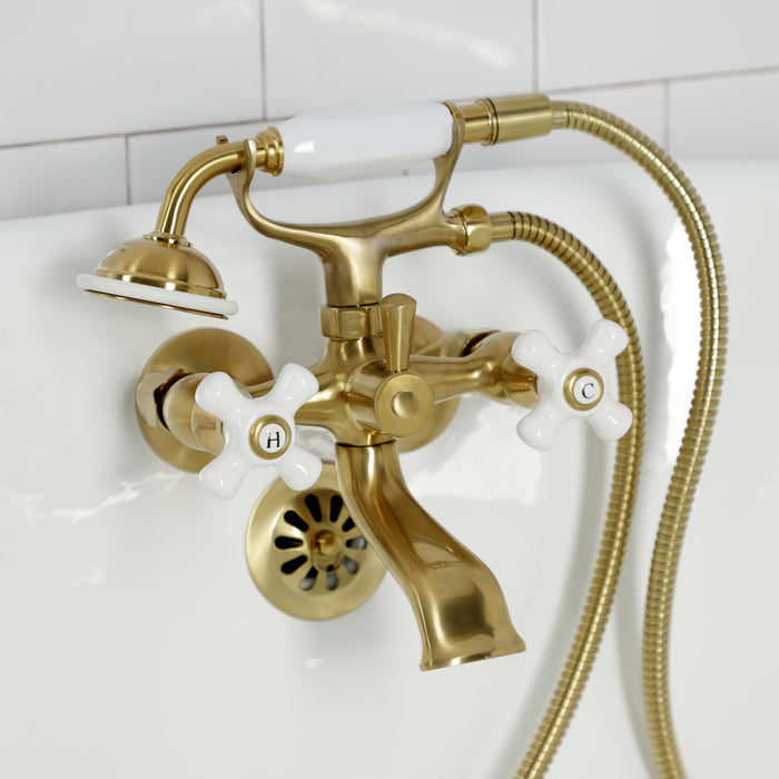 Kingston Heirloom KS265PXSB - Kingston Three-Handle 2-Hole Tub Wall Mount Clawfoot Tub Faucet with Hand Shower, Brushed Brass