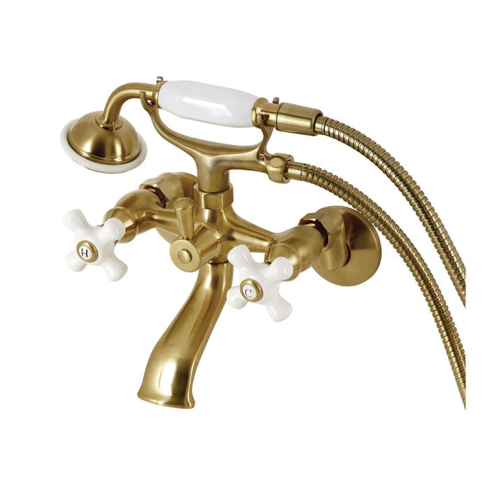 Kingston Heirloom KS265PXSB - Kingston Three-Handle 2-Hole Tub Wall Mount Clawfoot Tub Faucet with Hand Shower, Brushed Brass