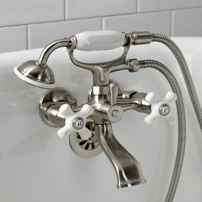 Kingston Heirloom KS265PXSN - Kingston Three-Handle 2-Hole Tub Wall Mount Clawfoot Tub Faucet with Hand Shower, Brushed Nickel