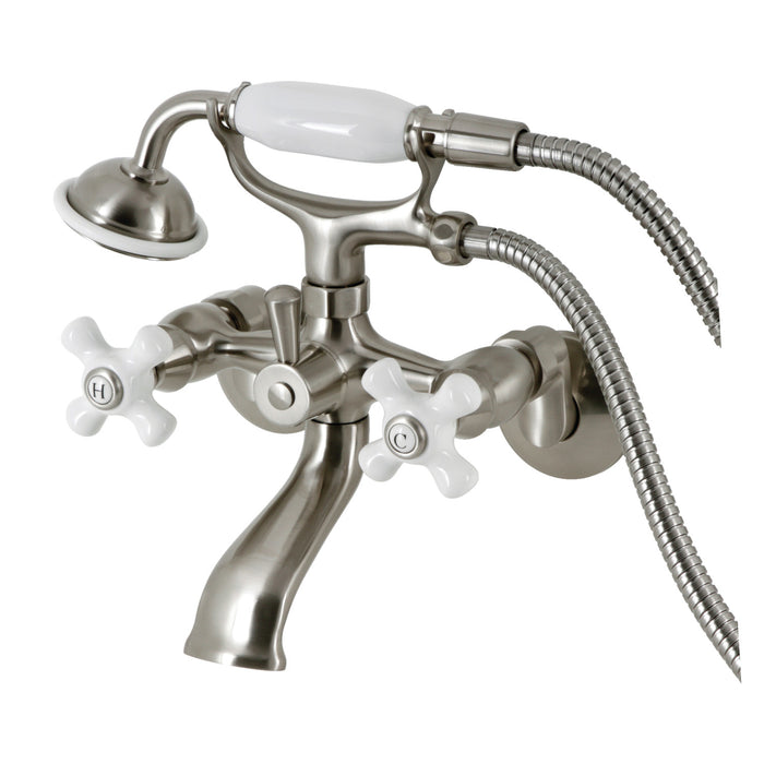 Kingston Heirloom KS265PXSN - Kingston Three-Handle 2-Hole Tub Wall Mount Clawfoot Tub Faucet with Hand Shower, Brushed Nickel