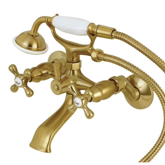 Kingston KS265SB Three-Handle 2-Hole Tub Wall Mount Clawfoot Tub Faucet with Hand Shower, Brushed Brass