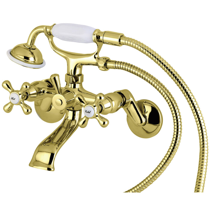 Kingston Heirloom KS266PB - Kingston Two-Handle 2-Hole Wall Mount Clawfoot Tub Faucet with Hand Shower, Polished Brass