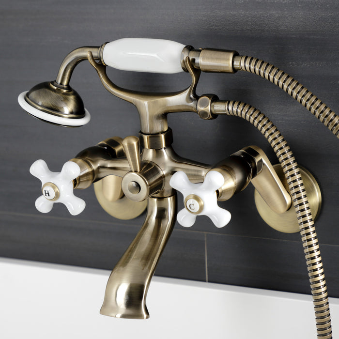 Kingston Heirloom KS266PXAB - Kingston Three-Handle 2-Hole Wall Mount Clawfoot Tub Faucet with Hand Shower, Antique Brass