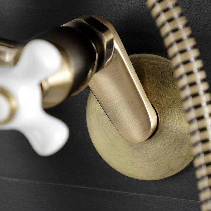 Kingston Heirloom KS266PXAB - Kingston Three-Handle 2-Hole Wall Mount Clawfoot Tub Faucet with Hand Shower, Antique Brass