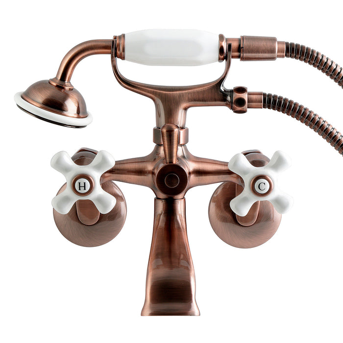 Kingston Heirloom KS266PXAC - Kingston Three-Handle 2-Hole Wall Mount Clawfoot Tub Faucet with Hand Shower, Antique Copper