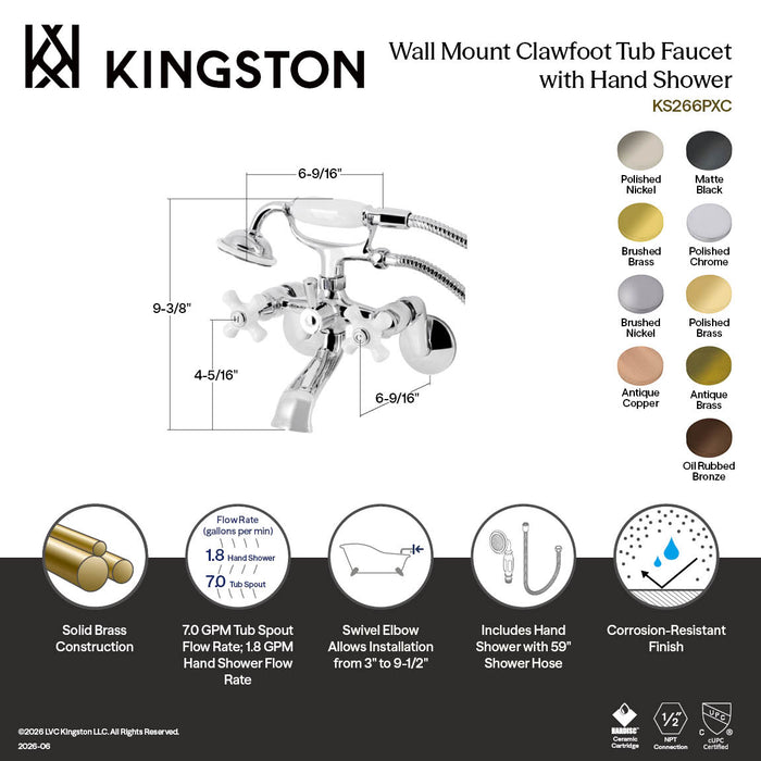 Kingston Heirloom KS266PXAC - Kingston Three-Handle 2-Hole Wall Mount Clawfoot Tub Faucet with Hand Shower, Antique Copper