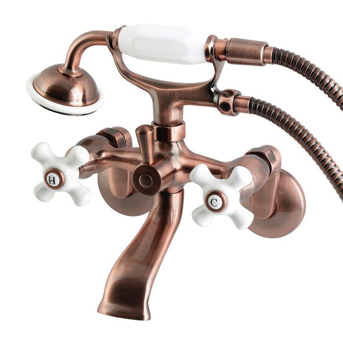 Kingston Heirloom KS266PXAC - Kingston Three-Handle 2-Hole Wall Mount Clawfoot Tub Faucet with Hand Shower, Antique Copper