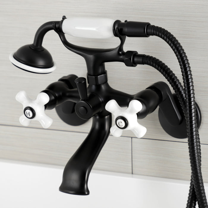 Kingston Heirloom KS266PXMB - Kingston Three-Handle 2-Hole Wall Mount Clawfoot Tub Faucet with Hand Shower, Matte Black