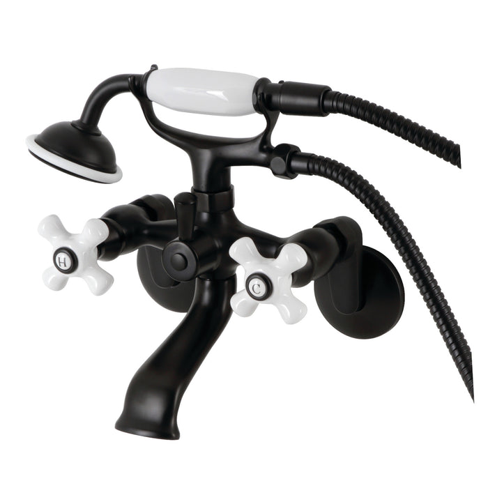 Kingston Heirloom KS266PXMB - Kingston Three-Handle 2-Hole Wall Mount Clawfoot Tub Faucet with Hand Shower, Matte Black