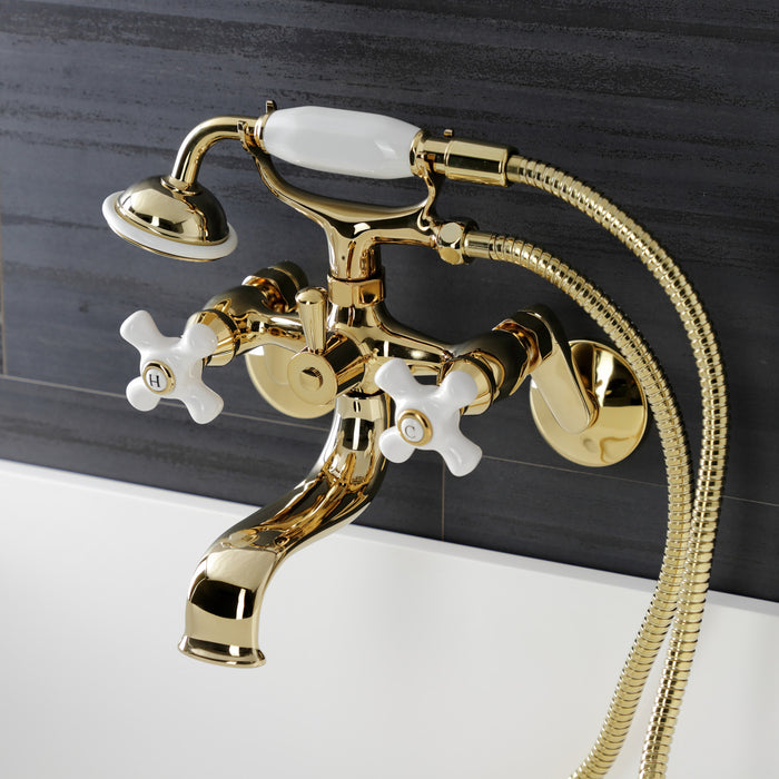 Kingston KS266PXPB Three-Handle 2-Hole Wall Mount Clawfoot Tub Faucet with Hand Shower, Polished Brass