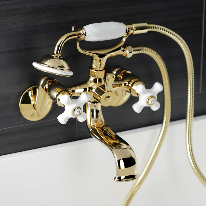 Kingston KS266PXPB Three-Handle 2-Hole Wall Mount Clawfoot Tub Faucet with Hand Shower, Polished Brass