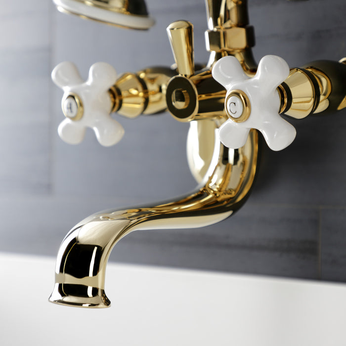 Kingston KS266PXPB Three-Handle 2-Hole Wall Mount Clawfoot Tub Faucet with Hand Shower, Polished Brass