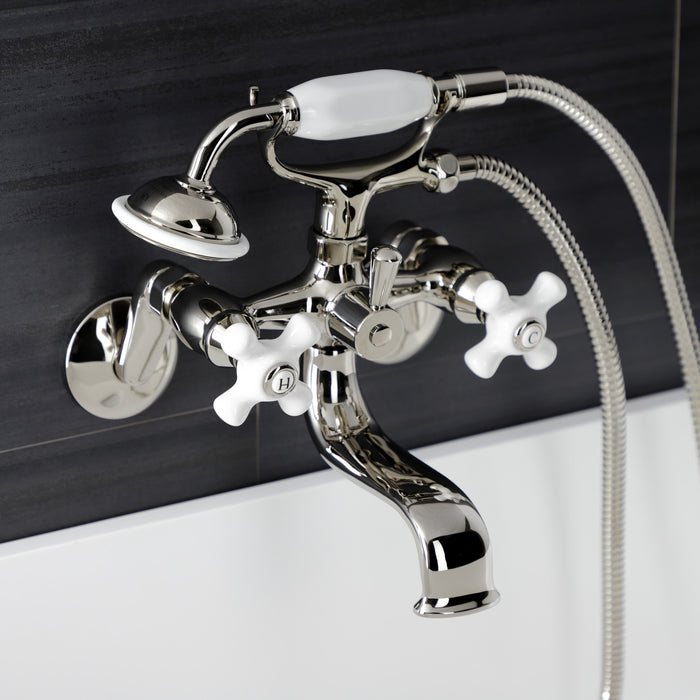 Kingston Heirloom KS266PXPN - Kingston Three-Handle 2-Hole Wall Mount Clawfoot Tub Faucet with Hand Shower, Polished Nickel