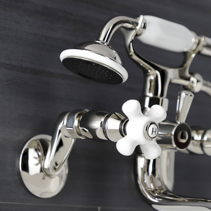 Kingston Heirloom KS266PXPN - Kingston Three-Handle 2-Hole Wall Mount Clawfoot Tub Faucet with Hand Shower, Polished Nickel