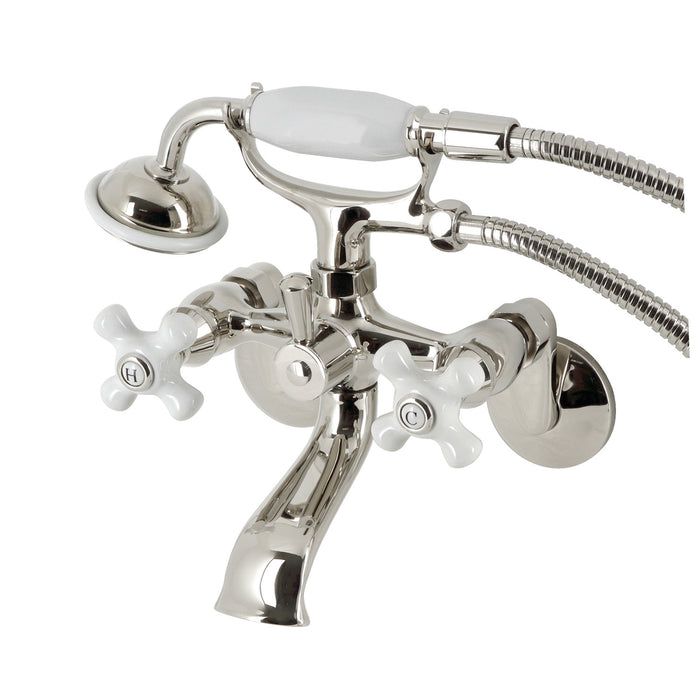 Kingston Heirloom KS266PXPN - Kingston Three-Handle 2-Hole Wall Mount Clawfoot Tub Faucet with Hand Shower, Polished Nickel