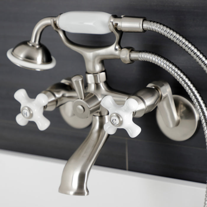Kingston Heirloom KS266PXSN - Kingston Three-Handle 2-Hole Wall Mount Clawfoot Tub Faucet with Hand Shower, Brushed Nickel