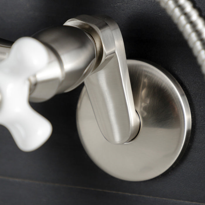 Kingston Heirloom KS266PXSN - Kingston Three-Handle 2-Hole Wall Mount Clawfoot Tub Faucet with Hand Shower, Brushed Nickel