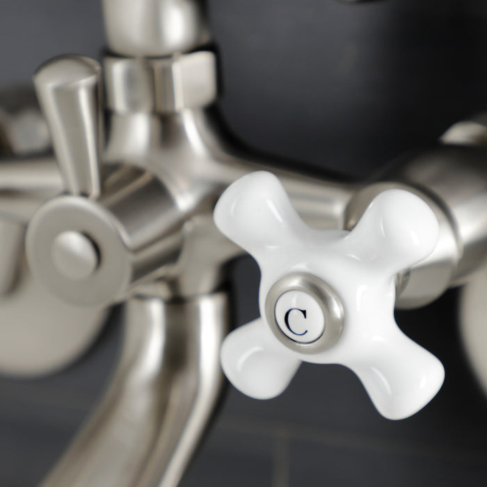 Kingston Heirloom KS266PXSN - Kingston Three-Handle 2-Hole Wall Mount Clawfoot Tub Faucet with Hand Shower, Brushed Nickel