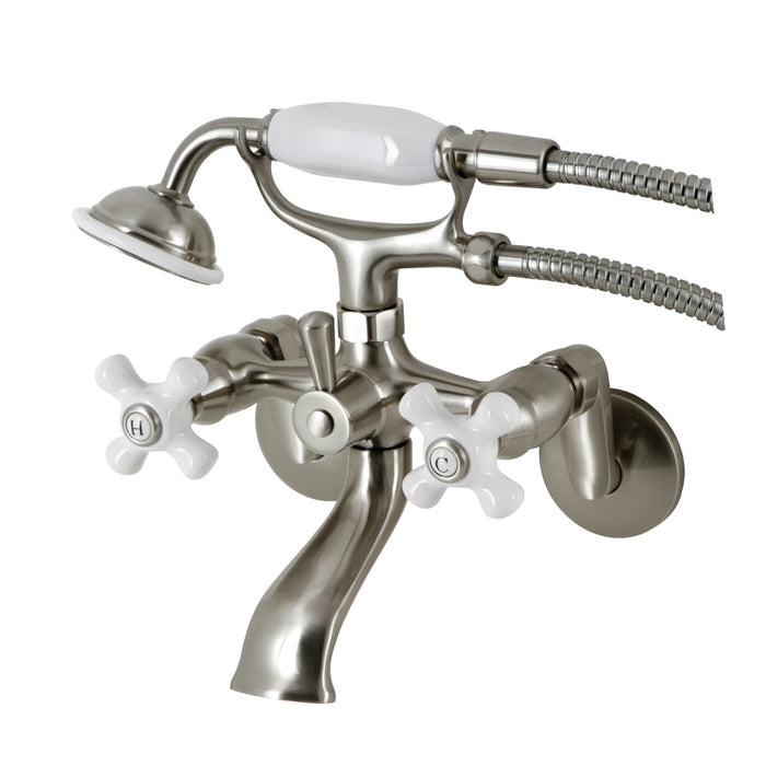 Kingston Heirloom KS266PXSN - Kingston Three-Handle 2-Hole Wall Mount Clawfoot Tub Faucet with Hand Shower, Brushed Nickel