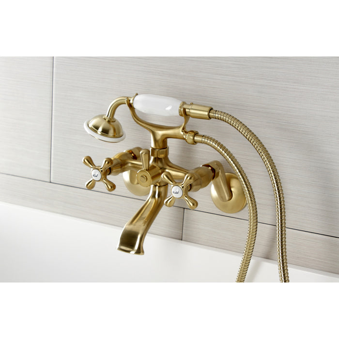 Kingston Heirloom KS266SB - Kingston Two-Handle 2-Hole Wall Mount Clawfoot Tub Faucet with Hand Shower, Brushed Brass