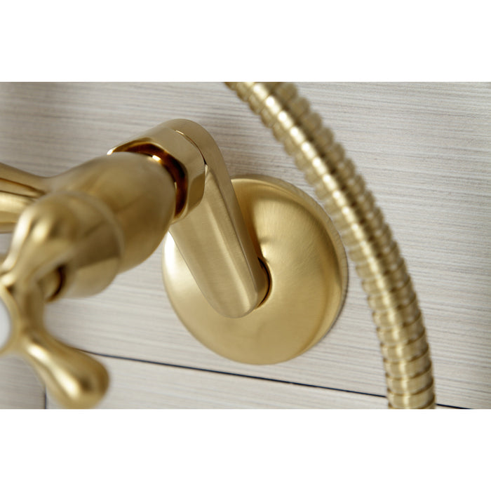 Kingston Heirloom KS266SB - Kingston Two-Handle 2-Hole Wall Mount Clawfoot Tub Faucet with Hand Shower, Brushed Brass