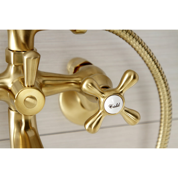 Kingston Heirloom KS266SB - Kingston Two-Handle 2-Hole Wall Mount Clawfoot Tub Faucet with Hand Shower, Brushed Brass