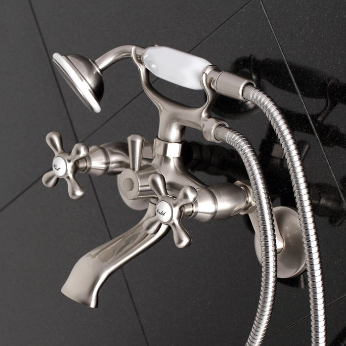Kingston Heirloom KS266SN - Kingston Two-Handle 2-Hole Wall Mount Clawfoot Tub Faucet with Hand Shower, Brushed Nickel