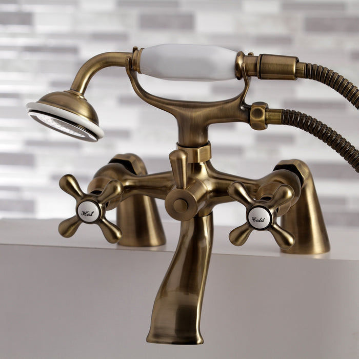 Kingston KS267AB Three-Handle 2-Hole Deck-Mount Clawfoot Tub Faucet with Hand Shower, Antique Brass