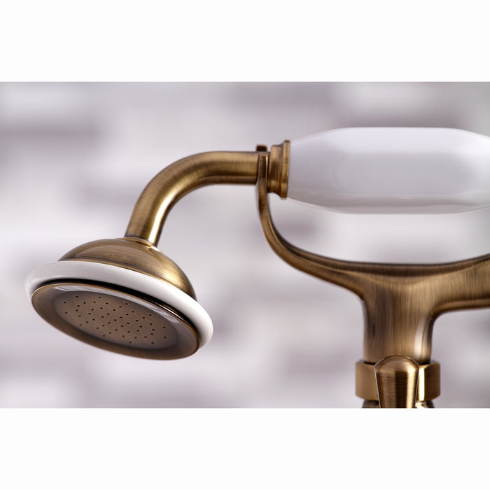 Kingston Heirloom KS267AB - Kingston Three-Handle 2-Hole Deck-Mount Clawfoot Tub Faucet with Hand Shower, Antique Brass