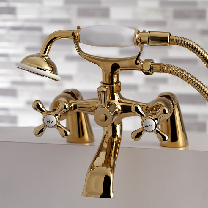 Kingston Heirloom KS267PB - Kingston Three-Handle 2-Hole Deck-Mount Clawfoot Tub Faucet with Hand Shower, Polished Brass