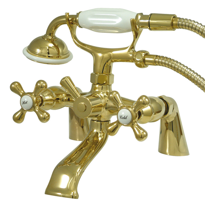 Kingston Heirloom KS267PB - Kingston Three-Handle 2-Hole Deck-Mount Clawfoot Tub Faucet with Hand Shower, Polished Brass
