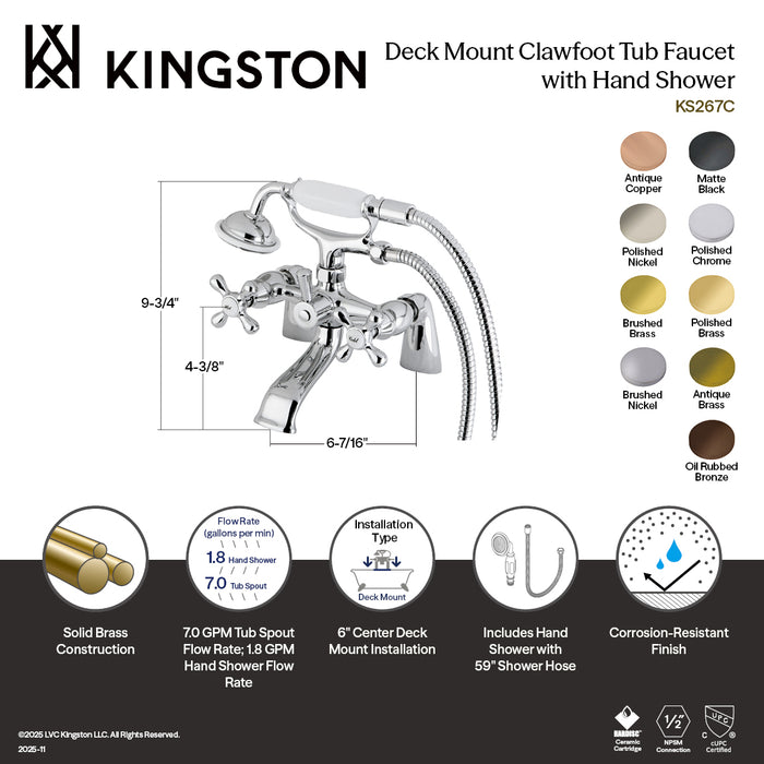 Kingston Heirloom KS267PN - Kingston Three-Handle 2-Hole Deck-Mount Clawfoot Tub Faucet with Hand Shower, Polished Nickel