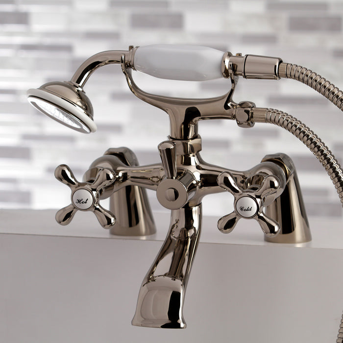 Kingston Heirloom KS267PN - Kingston Three-Handle 2-Hole Deck-Mount Clawfoot Tub Faucet with Hand Shower, Polished Nickel