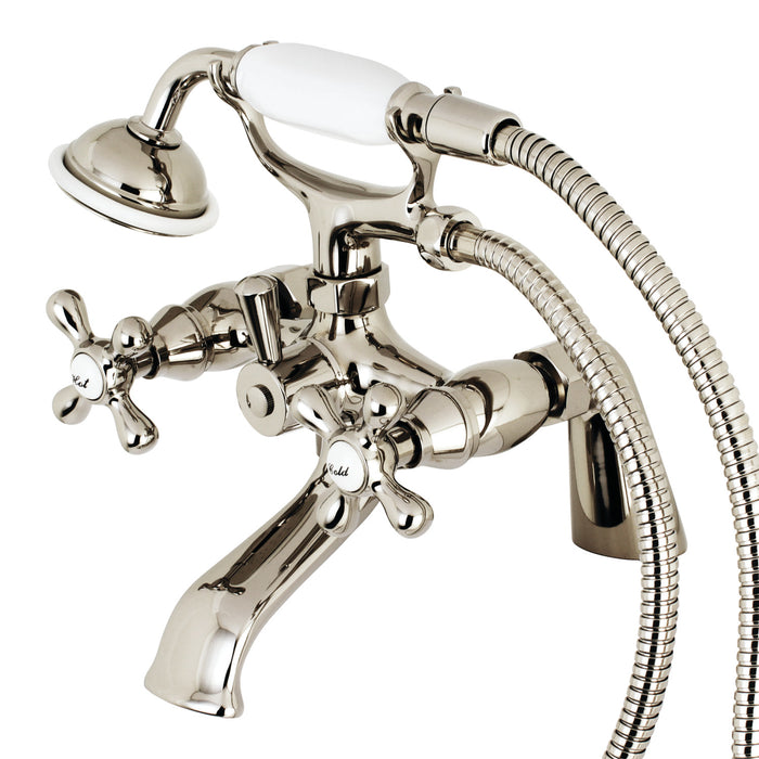 Kingston Heirloom KS267PN - Kingston Three-Handle 2-Hole Deck-Mount Clawfoot Tub Faucet with Hand Shower, Polished Nickel