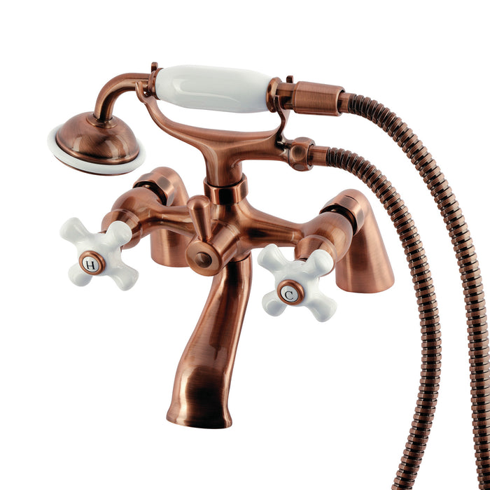 Kingston Heirloom KS267PXAC - Kingston Three-Handle 2-Hole Deck-Mount Clawfoot Tub Faucet with Hand Shower, Antique Copper
