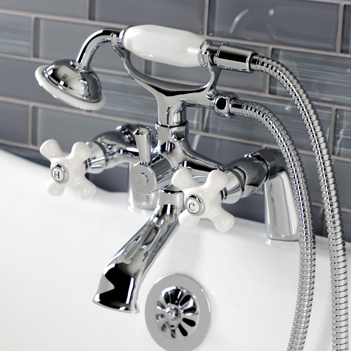 Kingston Heirloom KS267PXC - Kingston Three-Handle 2-Hole Deck-Mount Clawfoot Tub Faucet with Hand Shower, Polished Chrome