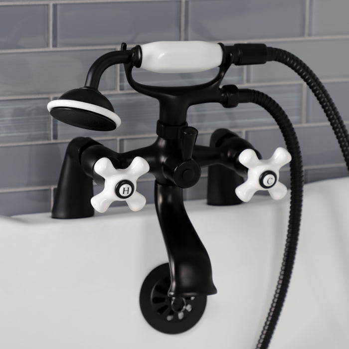 Kingston Heirloom KS267PXMB - Kingston Three-Handle 2-Hole Deck-Mount Clawfoot Tub Faucet with Hand Shower, Matte Black