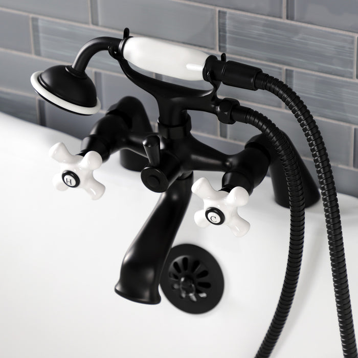 Kingston Heirloom KS267PXMB - Kingston Three-Handle 2-Hole Deck-Mount Clawfoot Tub Faucet with Hand Shower, Matte Black